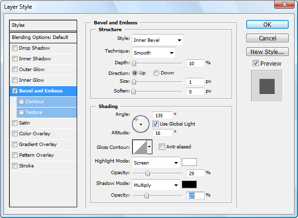 Bevel and emboss options